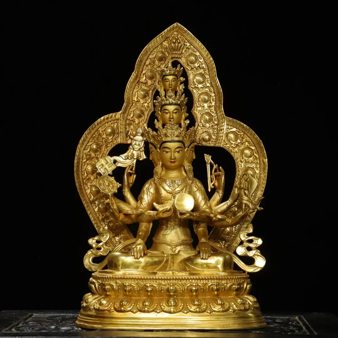 Tibetan Pure Copper Gilt Thousand Hand Guanyin Buddha Statue with Halo Home Altar Figurine