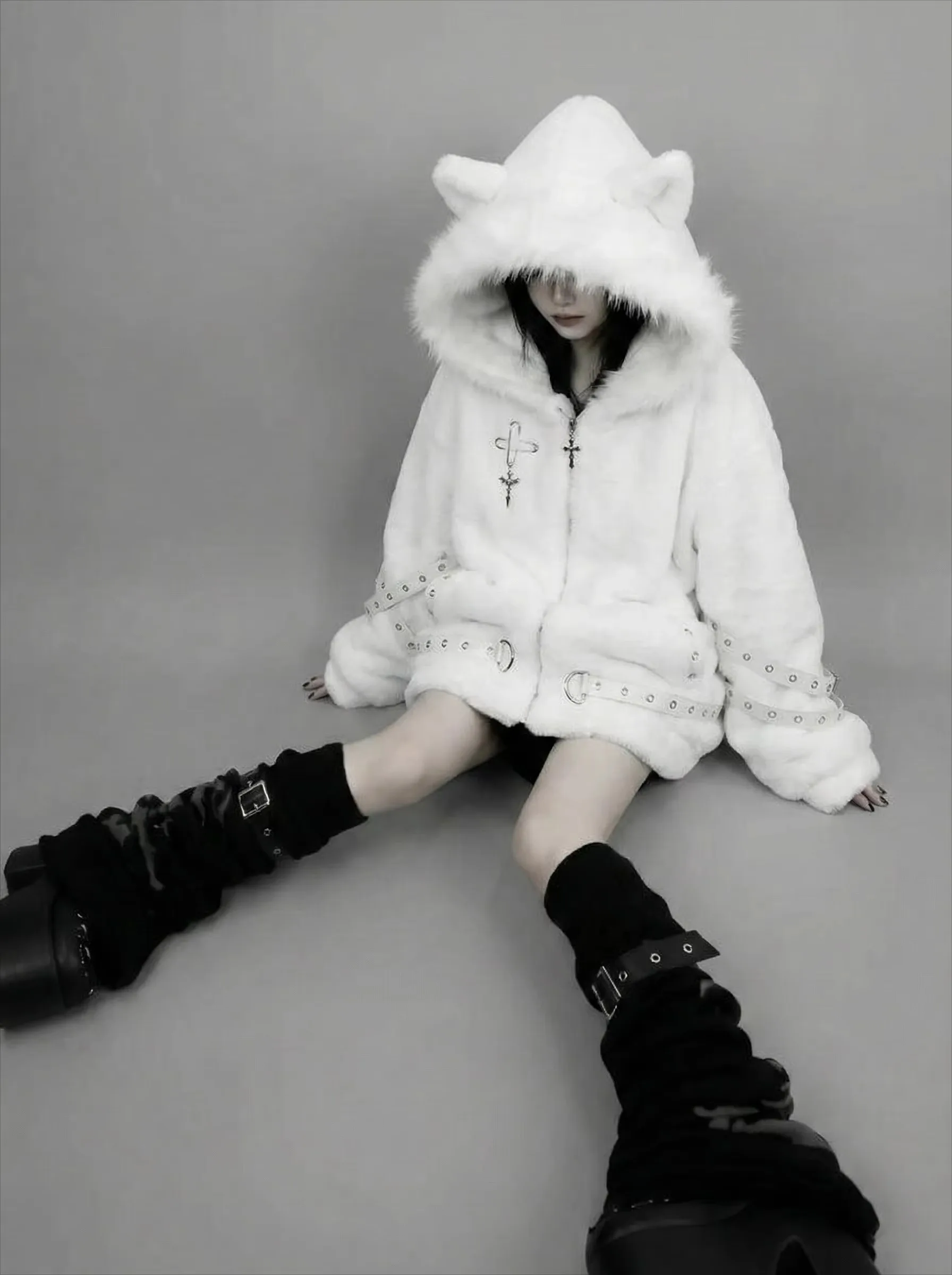 Vintage Punk Style Hoodie Long Sleeve Faux Fur Women Casual Zipper Hooded Gothic Y2K Subculture Harajuku Sweatshirts Autumn