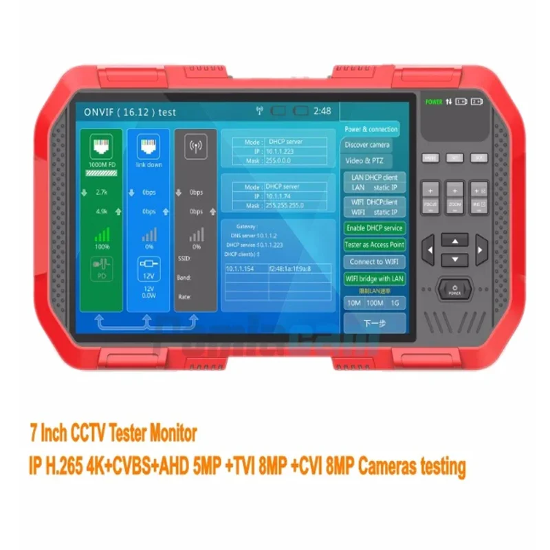 

7" 5 In 1 H.265 4K HD IP CCTV Tester Monitor AHD CVI TVI CVBS Camera Test 8MP ONVIF HDMI Input Multimeter Optical fiber A82 A86