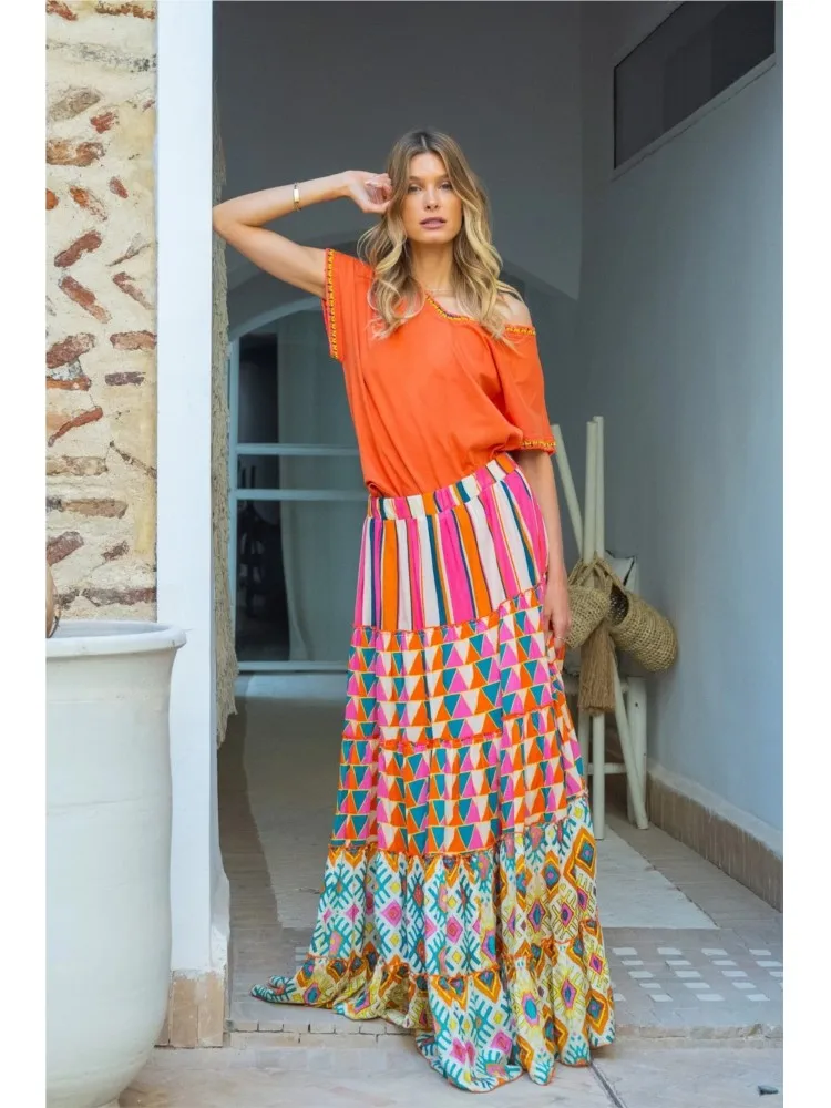 Printed Ruffles A-line Skirt Women Fashion Casual Bohemian Vacation Commuting Style Loose Long Skirts Trendy Female Clothing