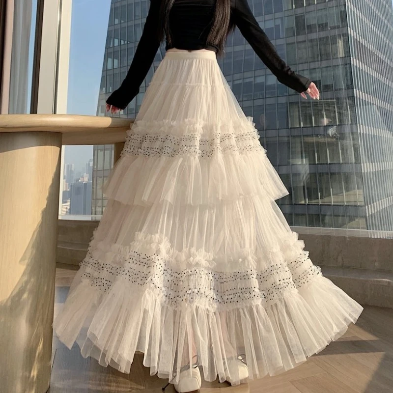 

Long Skirt Womens Dot Pleated Skirt Goth Lolita Spring Summer Mesh High Waist High Low Layer Ruched Ruffles Ball Gown Skirts rok