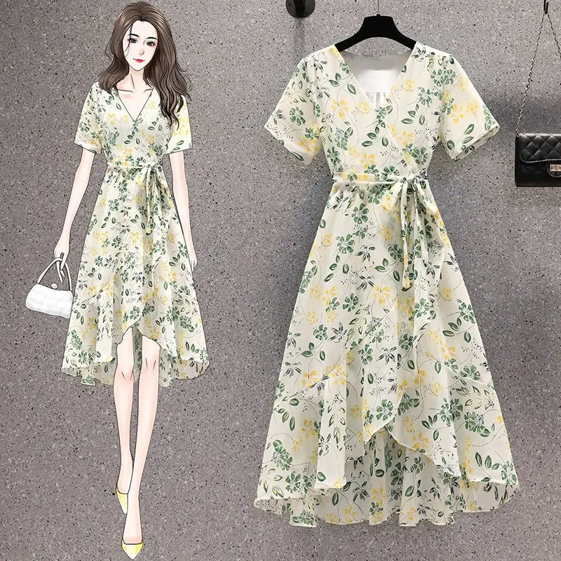 

French Floral Print Chiffon Dress Plus Size Slimming A Line Midi Dress Casual Elegant