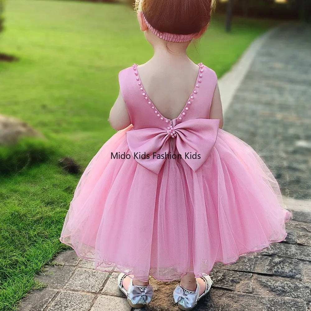 Children's and girls' dress with beaded backless bow sleeveless dress, dress with headwear and gauze hem 70-120cm