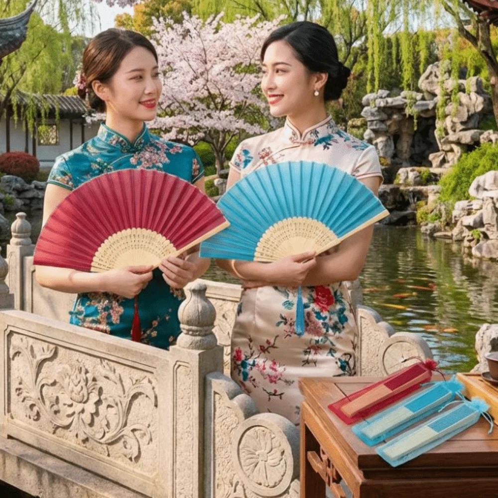 Chinese Style Folding Fan Cooling Tool with Organza Bag Bamboo Hand Fan with Tassel Wear Resist Hand Held Fan Party Decoration