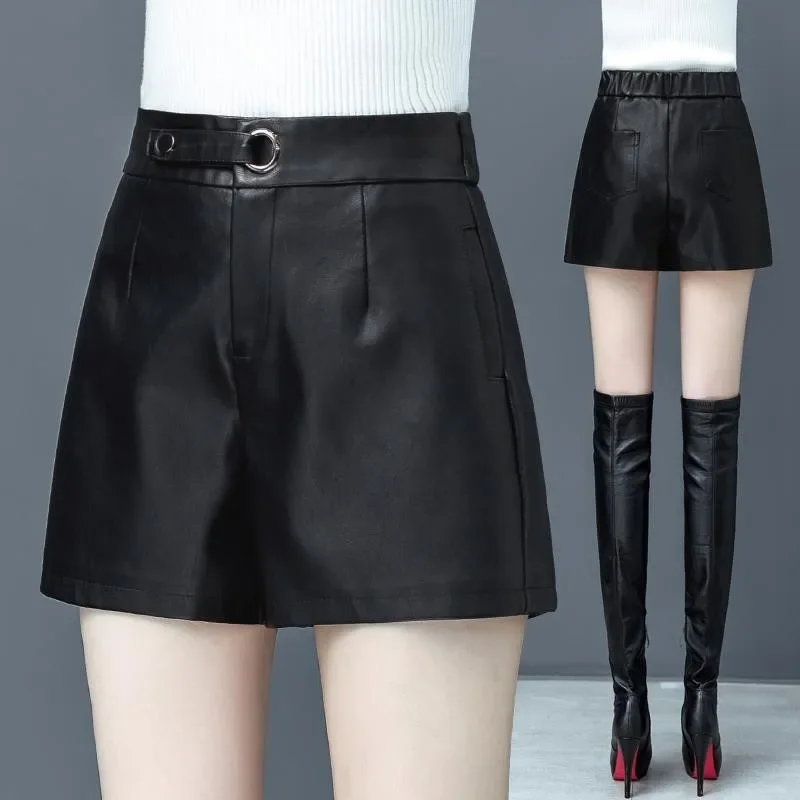 

Winter Fall Korean Women High Waisted Wide Leg Black Pu Leather Shorts , Autumn Clothes 3xl Casual Shorts for Woman Clothes