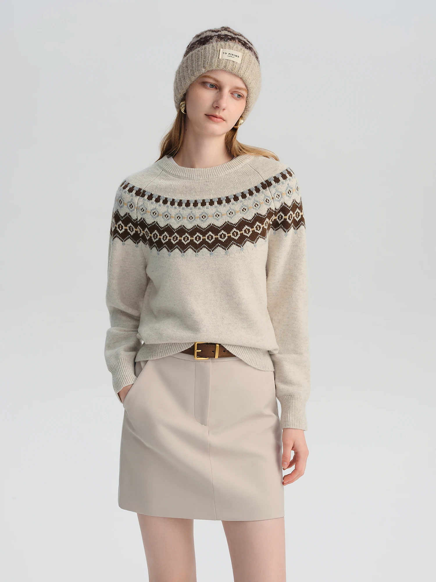 Ziqiao 2025, winter nieuwe collectie chique patroon Fair Isle trui voor kleine vrouwen, vintage geïnspireerd ontwerp, wollen gebreide wollen tops