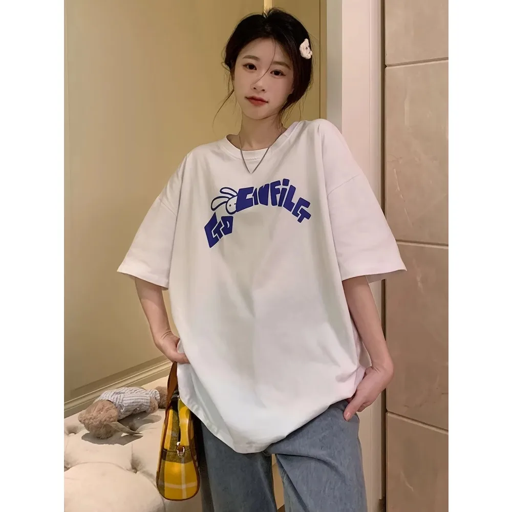 

Korean Style Kawaii Bear & Rabbit Print Female Tshirt Summer Casual Cotton T Shirt Fashion Crewneck Loose Streetwear Women Tops