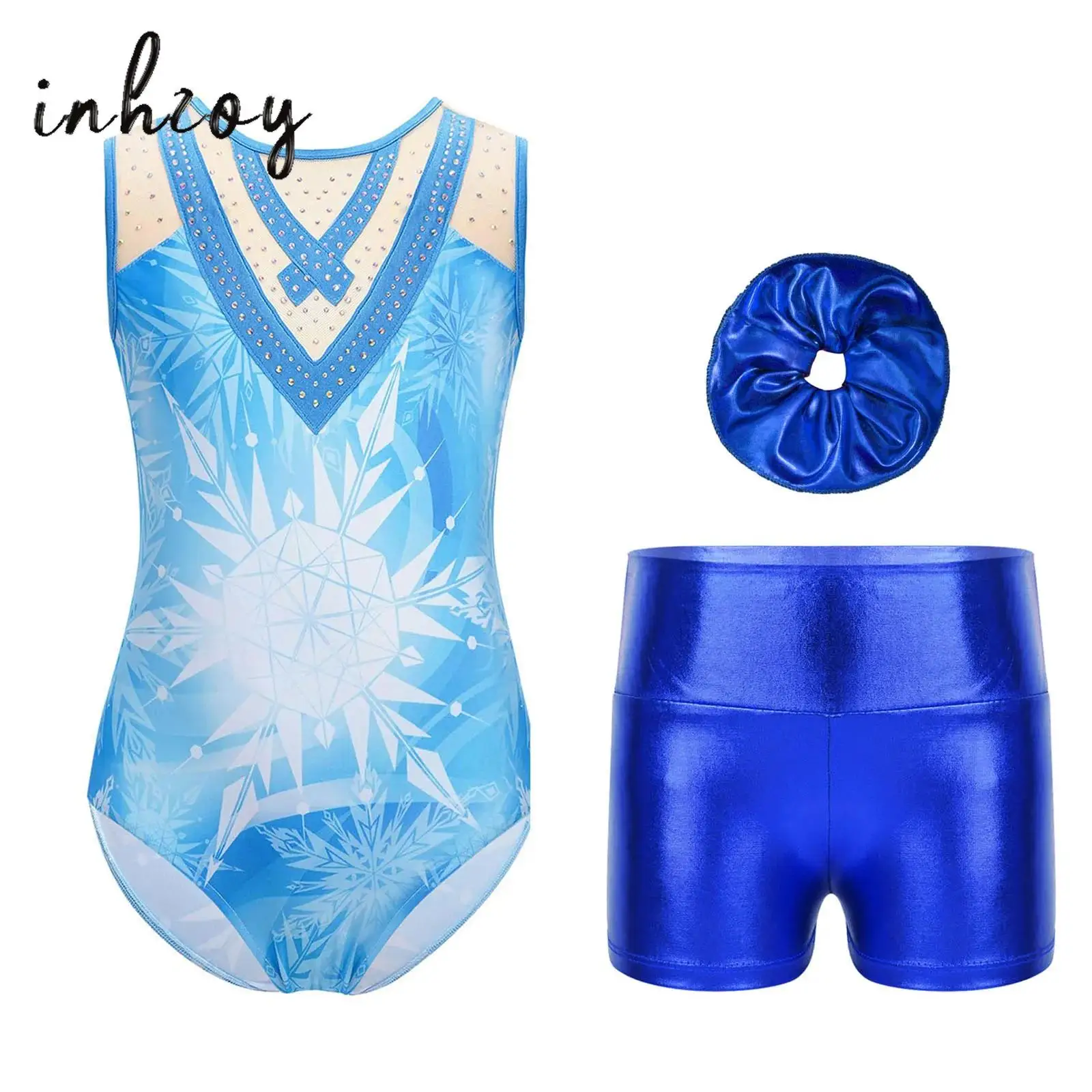 

Kids Girls Printed Acrobatics Gymnastics Leotard Sleeveless Sheer Mesh Patchwork Shiny Rhinestones Bodysuit Ballet Dance Costume