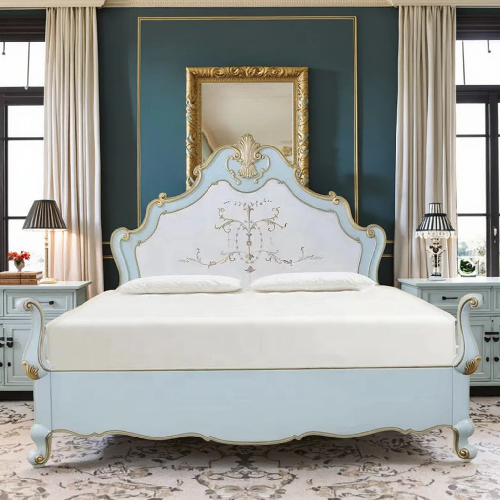 

* French Style Solid Birch Wood Queen Platform Bed with Hand-Painted and Handcarved Wall Design Customizable Color Durable