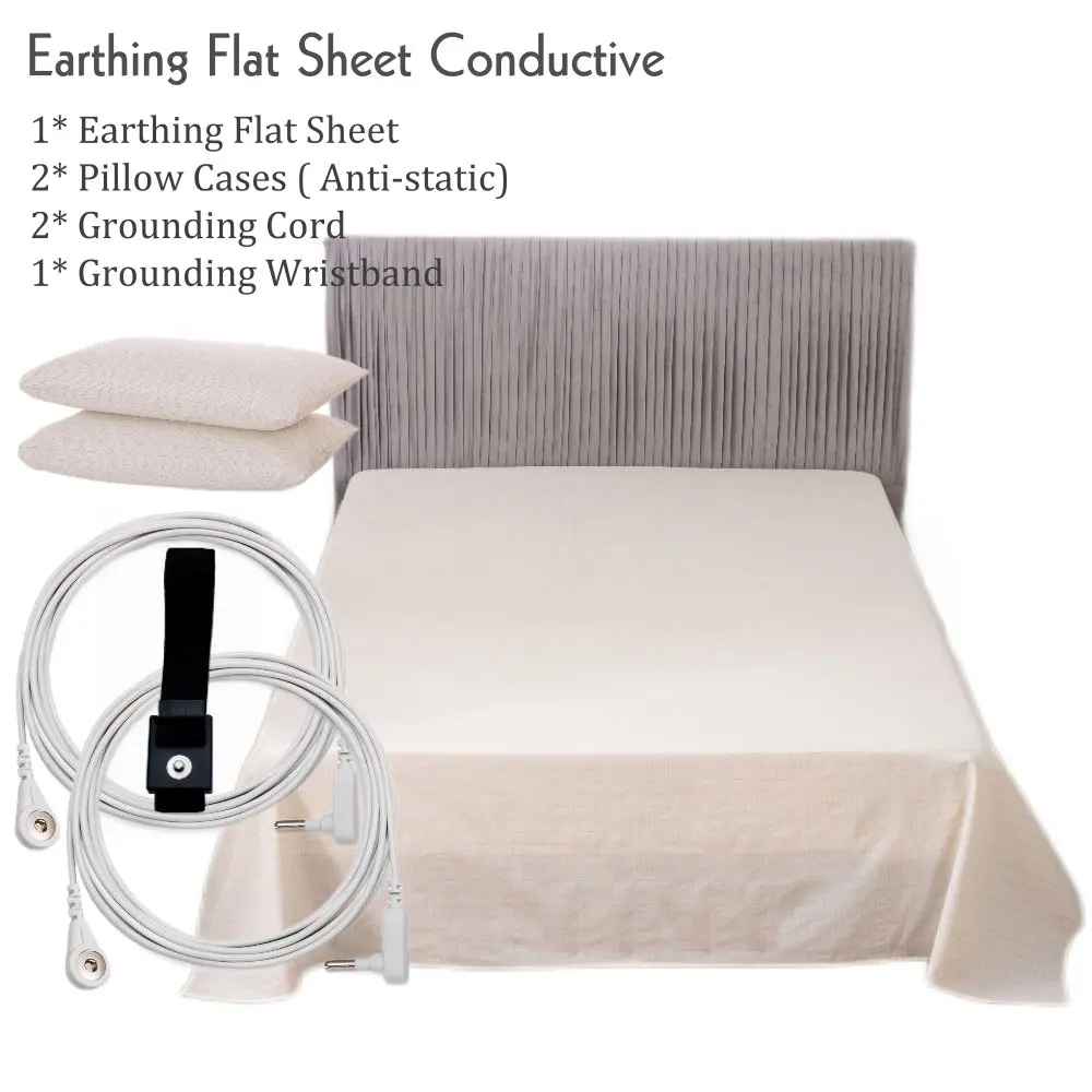 

Earthing Organic cotton Conductive silver solid bed mattress set with four corners sheets hot sale Flat Sheet 2 pillow case