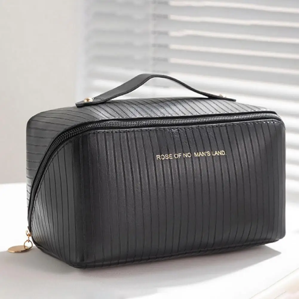 Bolsa de higiene pessoal para viagem, bolsa cosmética à prova d'água de couro sintético, grande capacidade, multicompartimento, bolsa de maquiagem com alça, estojo cosmético