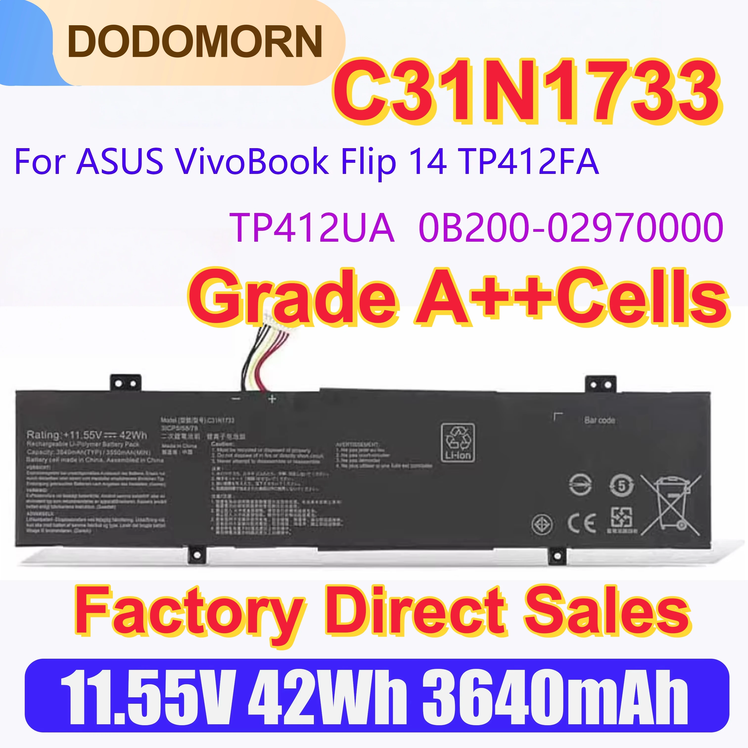 

Laptop Battery C31N1733 For ASUS VivoBook Flip 14 TP412U TP412UA TP412FA SF4100F TP470EA 0B200-02970000