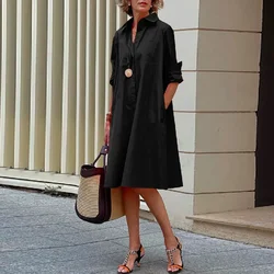 Uoozee 2024 Summer Female Fashion Long Sleeves Solid Color Summer Casual Daily Dress Lapel Midi Dresses For Office Woman