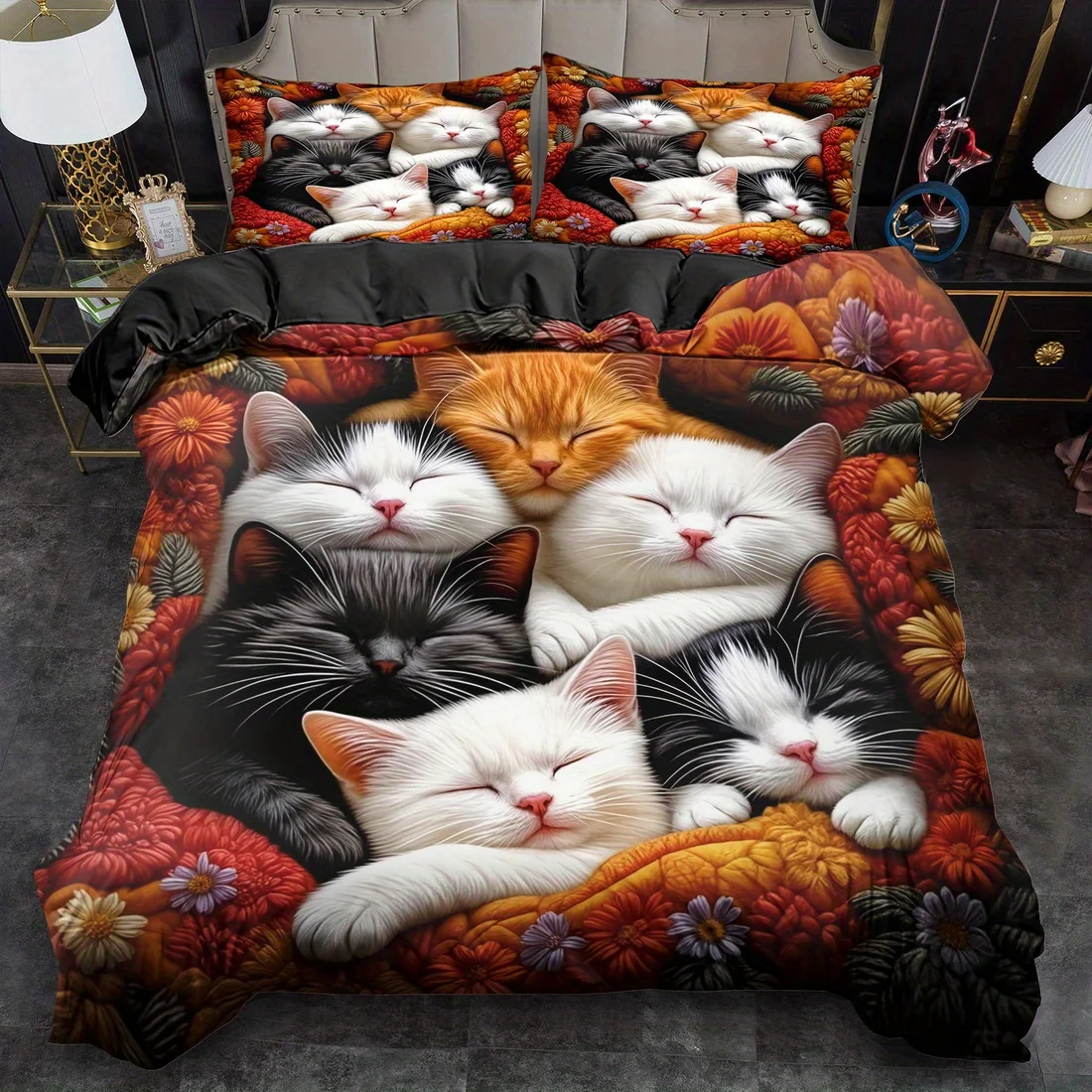 

3Pcs Cat Bedding Set Cartoon Duvet Cover Set Flowers Comforter Cover Bedroom Decor Guest Room 2/3pcs 2D Animal Flat Printing