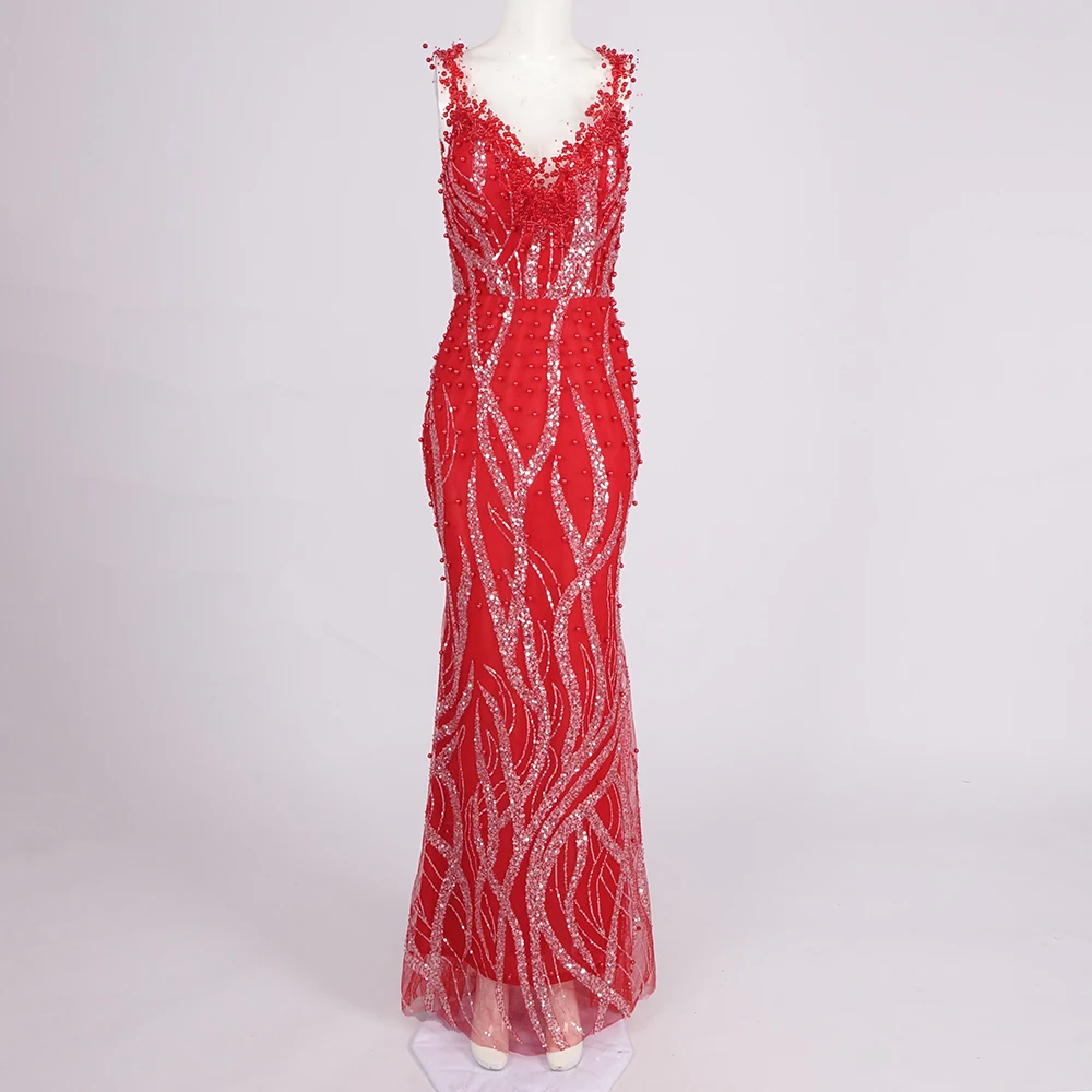 Elegant Rød V-hals Havfrueaftenkjole - alternate angle