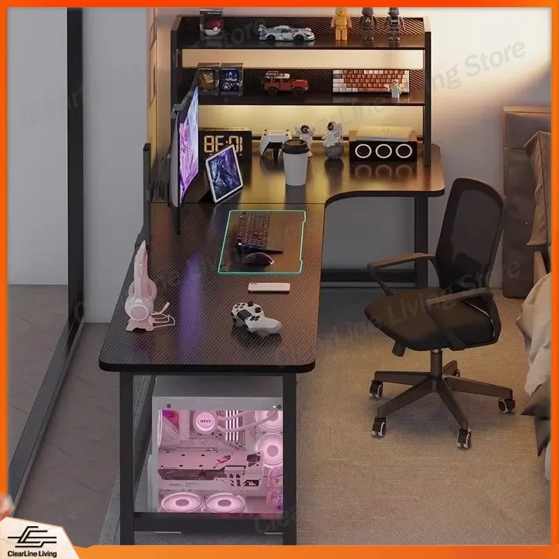Wooden Corner Desk L Shaped Computer Table Gaming Workstation Home Office Study Writing Desk with Storage Shelf for Bedroom