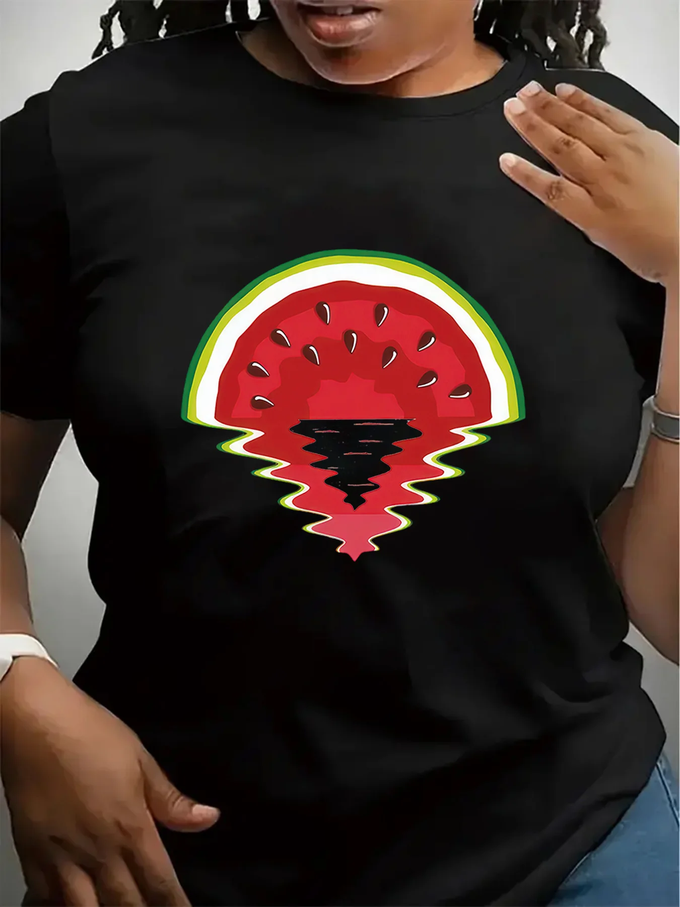 

Watermelon Lake printed women's T-shirt, casual short-sleeved round-neck top, suitable for spring and summer