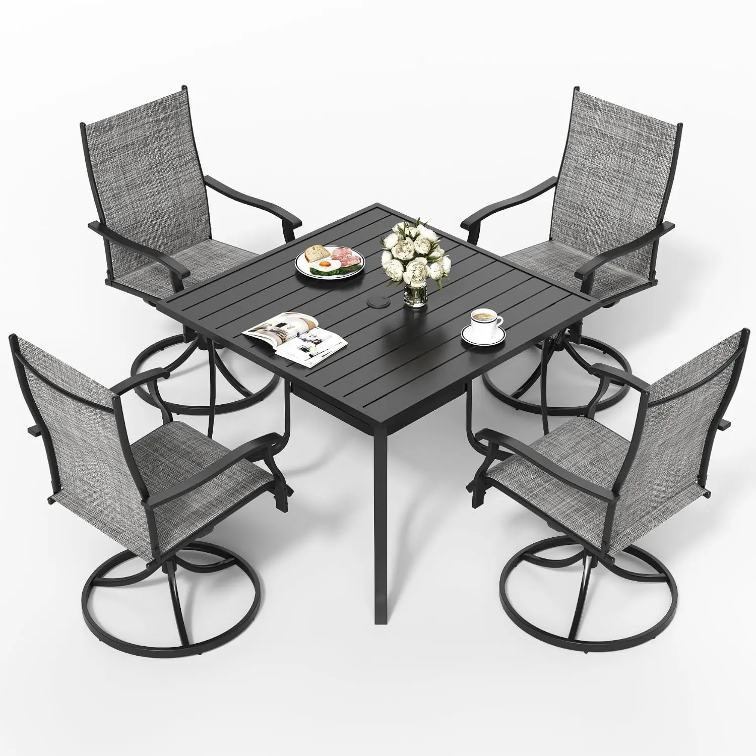 5 Piece Outdoor Dining Set, All Weather Patio Table And Chairs Set, 4 360° Swivel Textilene Chairs & 35.8