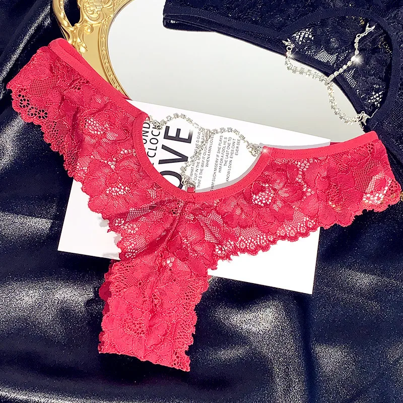 SP&CITY Lace Embroidery Transparent Sexy Women's Underwear Rhinestone Hollow Out Erotic Panties Perspective Cotton Crotch Thongs