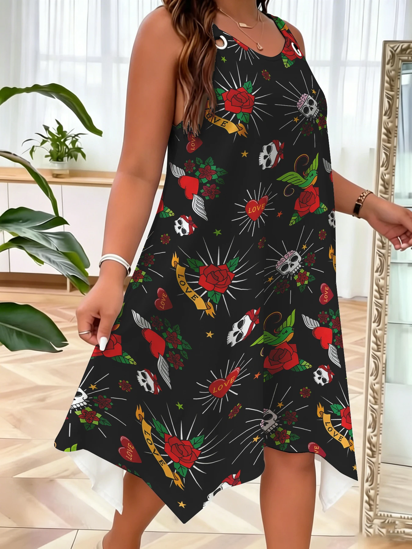 

Plus Size Women Rose Skull Print Sleeveless Dress Casual Irregular Hem Tank Dress Summer Beach Sundress