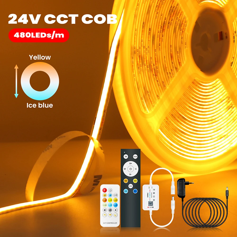 Dimmable CCT COB LED Tape 2200K 3000K 4000K 6000K 8000K 480 LEDs Bluetooth APP RF Remote 24V US EU UK AU Power Kit Home Lighting