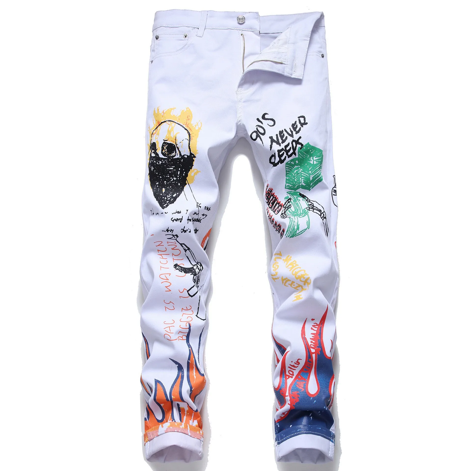 High Street Print Graffiti Jeans Men Loose Hip-hop Harajuku Skinny Sport Pants Casual Trend Straight Long Black Jean Pants Male