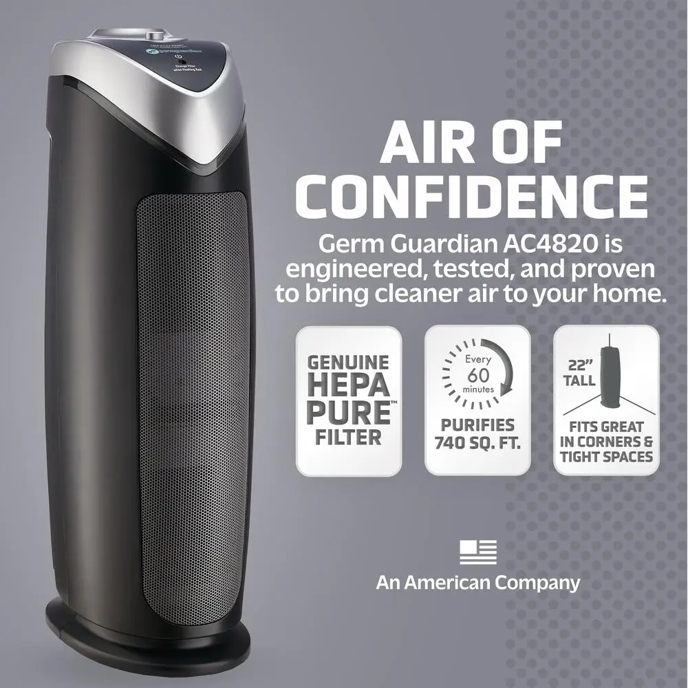 HEPA Air Purifier GermGuardian Removes Smoke Mold Odors 740 sq.ft. Kit Tower Gray Ultra-Quiet Energy Star Refreshing Night Sleep