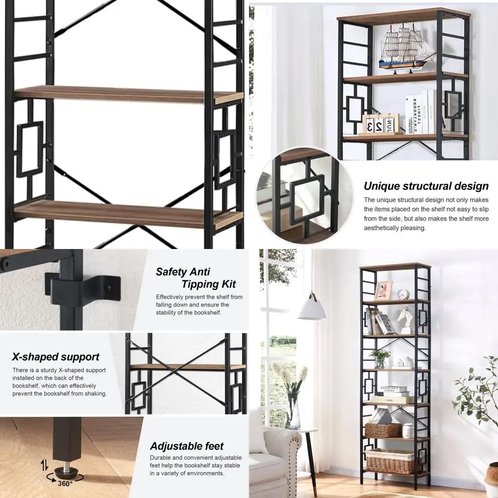 Industrial 84 Metal Frame Bookshelf, 7-Tier Open Shelves, Rustic Brown for Home & Office