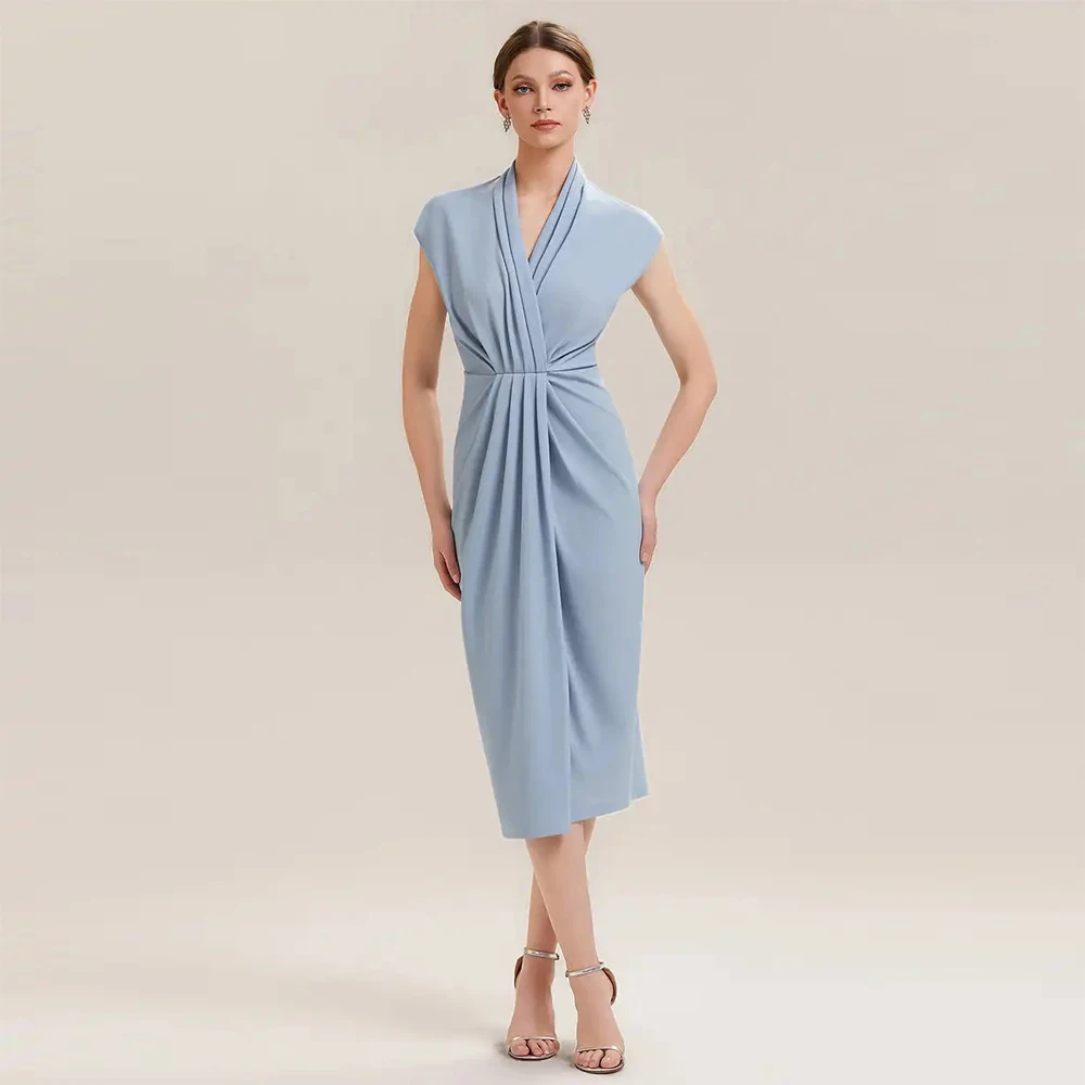 

BAZIIINGAAA Party Dress Short Sleeves Deep V-Neck Gathered Bodycon Midi Wedding Guest Dresses Evening Dresse