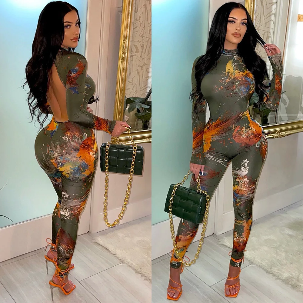 

BKLD 2024 New Women Clothing Fashion Printed Sexy Tight Backless Hollow Out Jumpsuit Long Sleeve Round Neck One Pieces Outfits