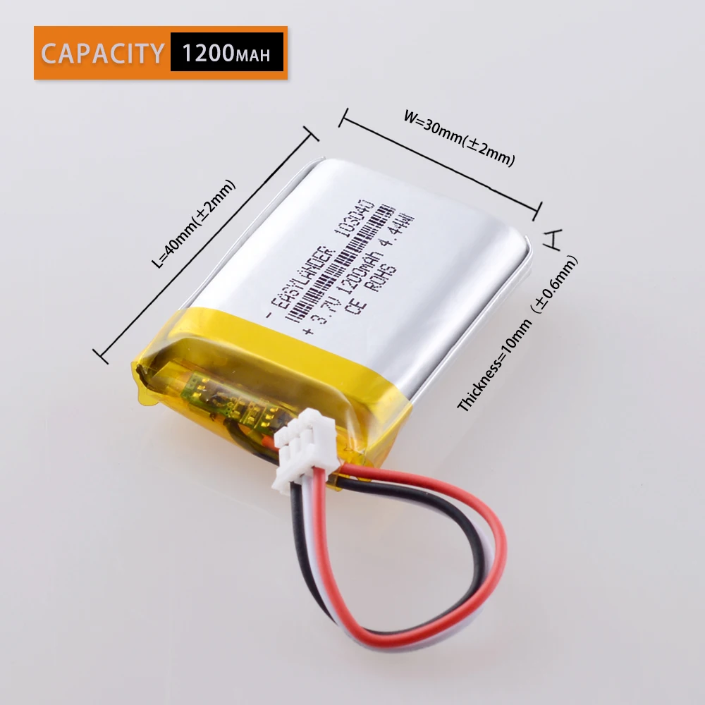 JST PH 2.0mm 3 pin 3.7V 1200mAh 103040 Rechargeable Lithium Li-ion Polymer Battery