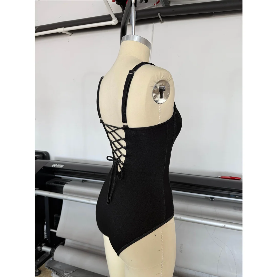 S - XXL Schwarzer, rückenfreier, einteiliger Badeanzug mit Schnürung, Damen-Bademode, weiblicher Badeanzug mit hohem Beinausschnitt und Polsterung, Badeanzug, Modell V8183 – Detail 10
