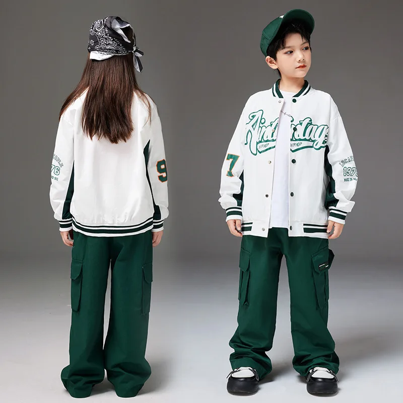 Children Boys Girls Streetwear Fashion Loose Baseball Jacket Cargo Pants 2 PCS Sets Spring Autumn Coat Pant Tracksuits for Kids