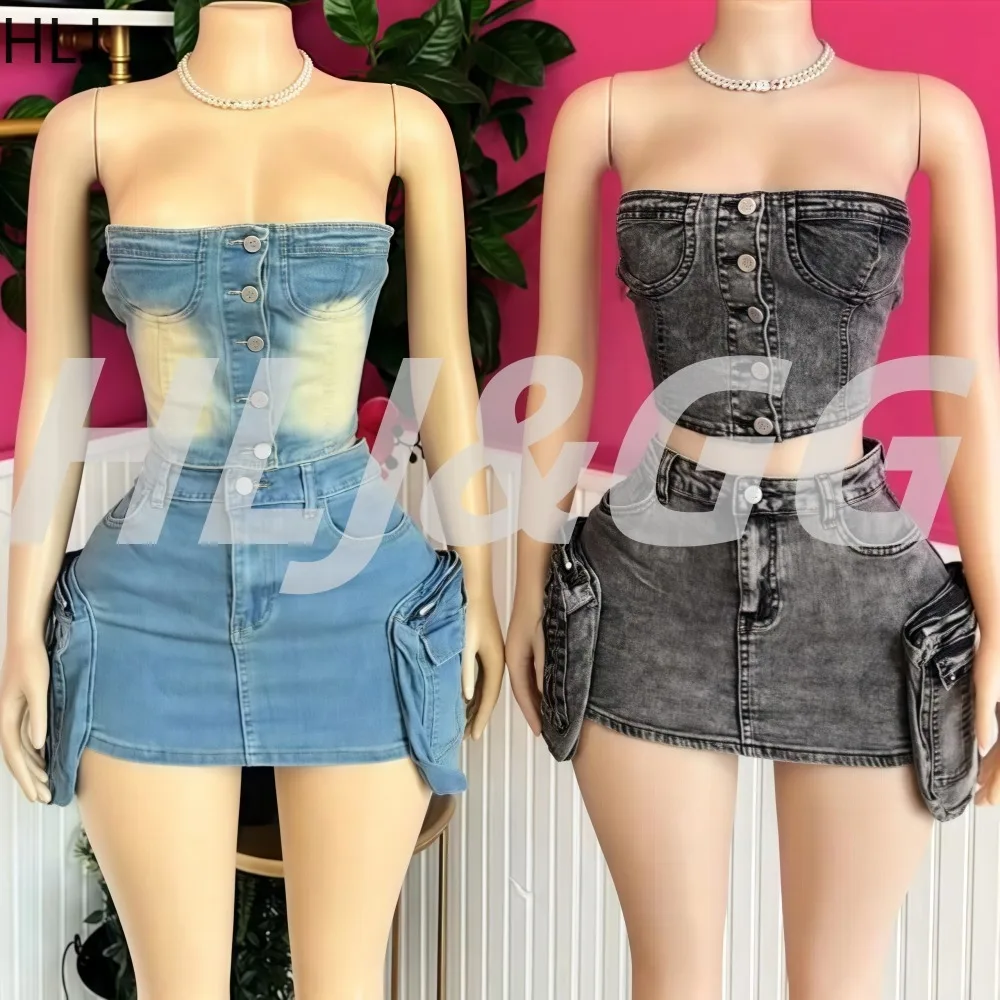 

HLJ&GG Retro Fashion 2 Pieces Set for Woman Solid Sleeveless Backless Jacket Crop and Skirts Matching Suits Female Streetwear