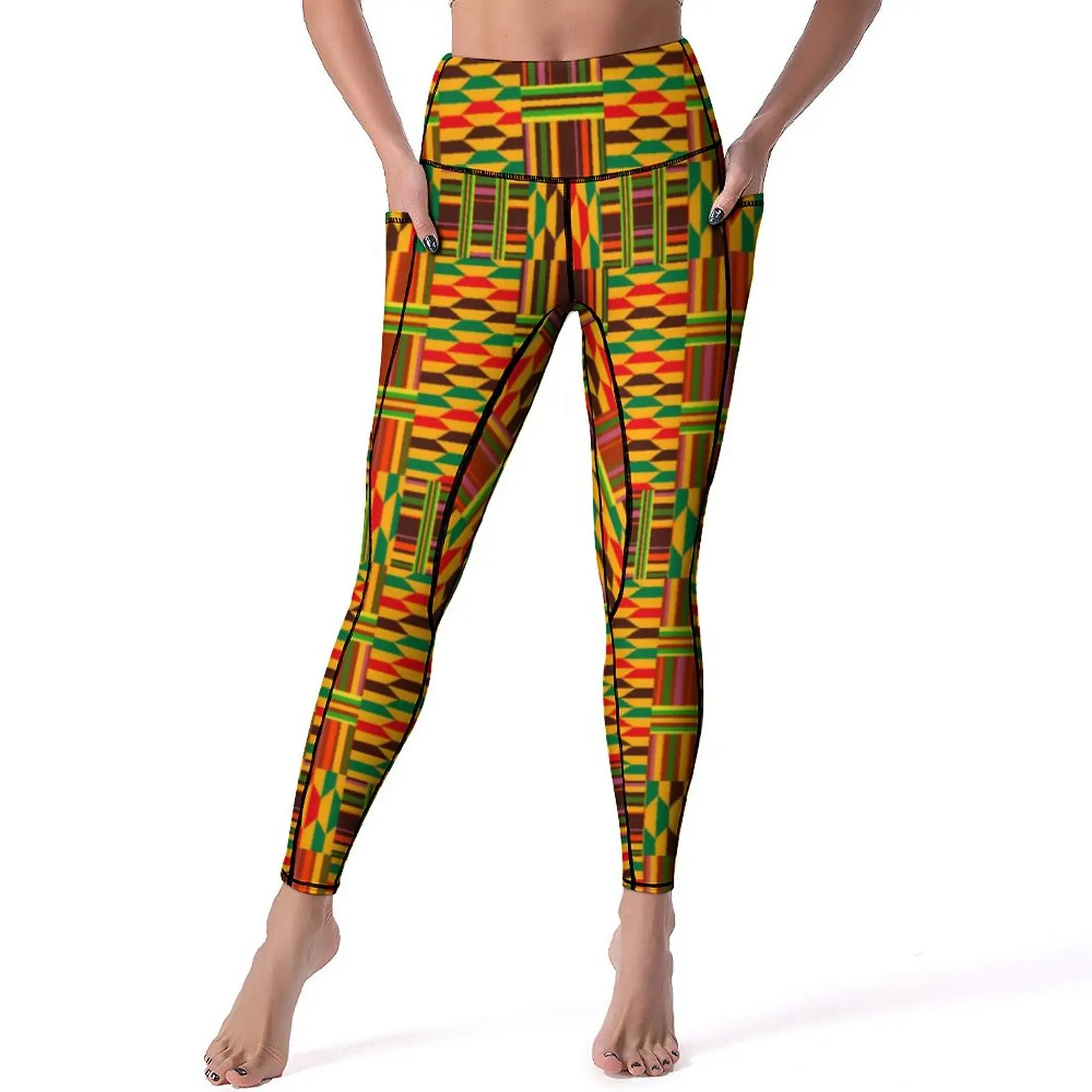 

Vintage African Leggings Pockets Colourful Kente Printed Yoga Pants High Waist Fitness Yoga Legging Retro Stretchy Sport Pants