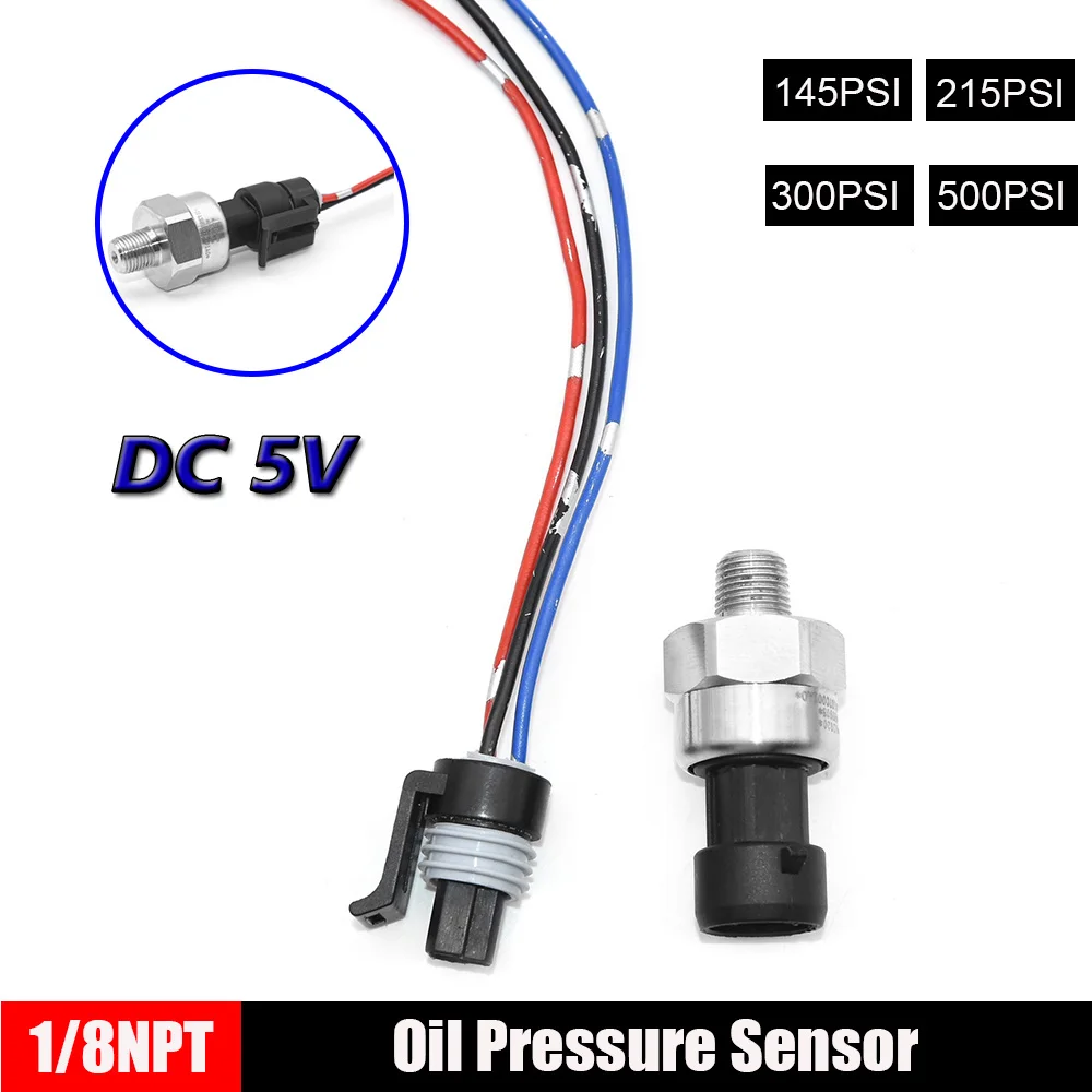 

145Psi / 215Psi/ 300Psi/500Psi Oil Pressure Transducer Transmitter Sensor Stainless Steel 1/8 NPT Fuel Air Water Sensor DC 5V