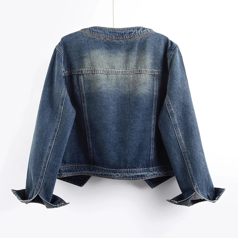 Vintage Embroidery Blue Denim Jacket Autumn New Women Slim Short Cowboy Outerwear Lapel Long Sleeve Jeans Jacket Coat Streetwear