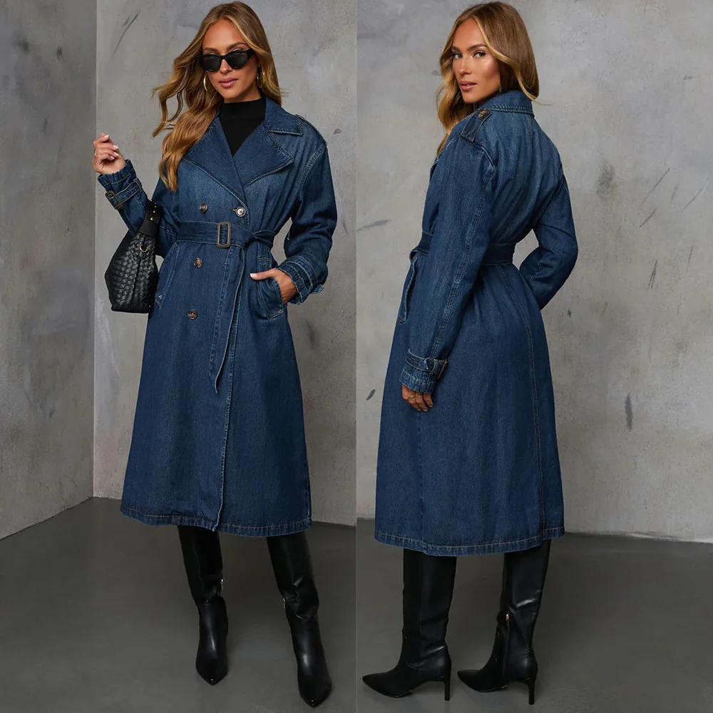 Denim Trench Coat Long Jacket for Women 2024 Autumn Temperament Outerwear Double Breasted Sashes Tight Waist Windbreaker