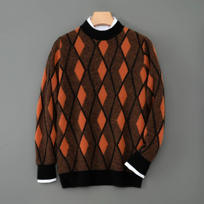 100% pure cashmere sweater men's semi-high neck thick color matching diamond knitted sweater loose casual bottoming.