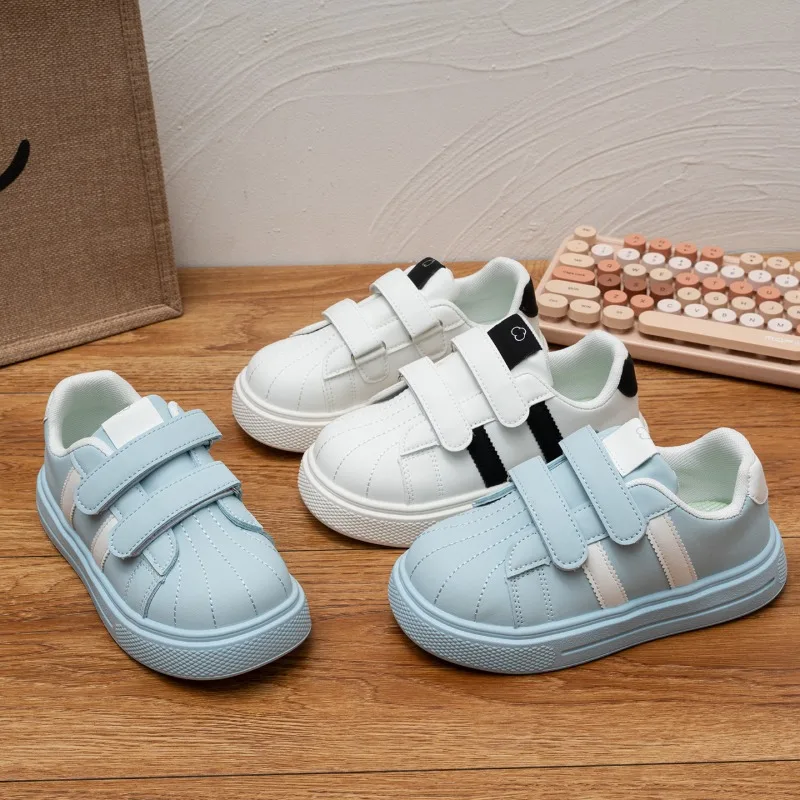 Flat Shell Toe Sneakers for Little Kids Hook‑Loop Stripe Soft Non‑Slip Sole Comfort Daily Walking Casual Thick Soled Kids Shoes