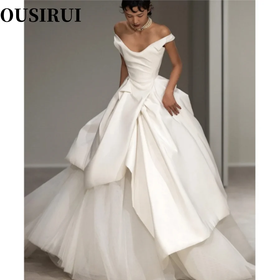 

OUSIRUI V-neck Draped Buttons Back Bridal Gowns Women Formal Party Gowns A Line Satin Tulle Wedding Gowns For Bride vestidos