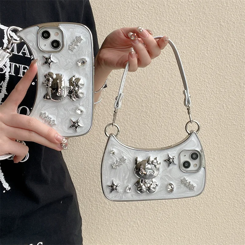 

Роскошный чехол Sanrio Hello Kitty Lovable Silvery KT для iPhone 16, 15, 14, 13, 12 Pro Max Y2K, задняя крышка с ремешком на руку для девочек ﻿