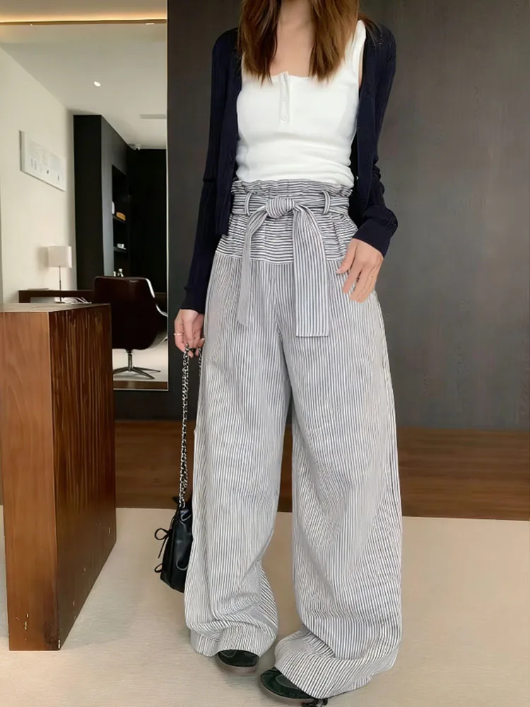 NUOMICI Women's Pants Stripe Mid Low Waist Waistline Tie Wide Leg Loose Sports Kpop Hip-hop Street Pants Fashion Unique Clothes