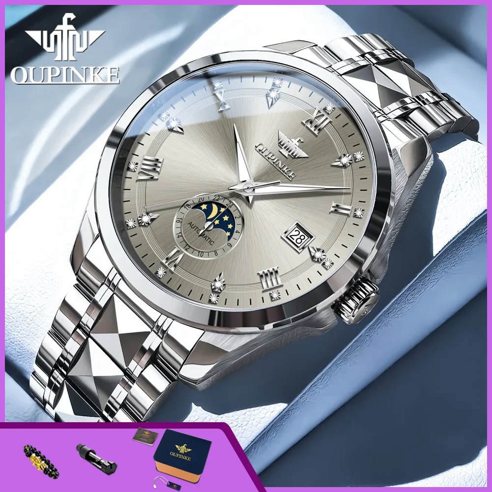 OUPINKE 3265 Automatische Herrenuhr Luxus Wolframstahl Mondphase Herrenuhr Saphirglas Leuchtend Wasserdicht Mechanische Uhr