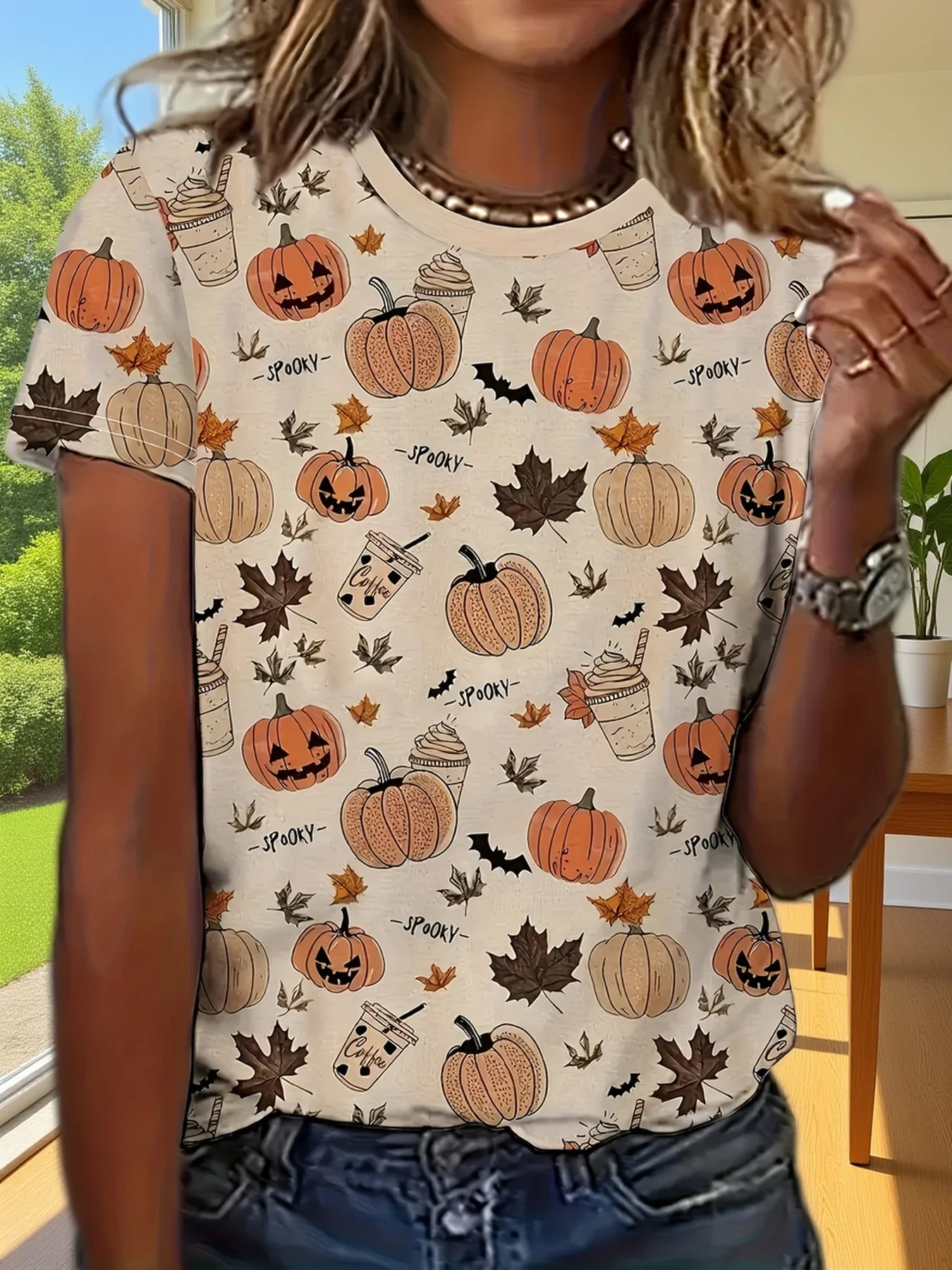 Women T‑shirt Short Sleeve Fall Pumpkin Maple Leaf Coffee Cup Print Crew Neck Casual Summer Tee Top Women's Clothing
