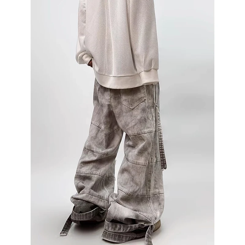 جينز رمادي ممزق عالي الخصر للرجال نمط الهيب هوب ملابس الشارع الشهير Y2K واسعة الساق جان 2000s بنطلون فضفاض من قماش الدنيم #3