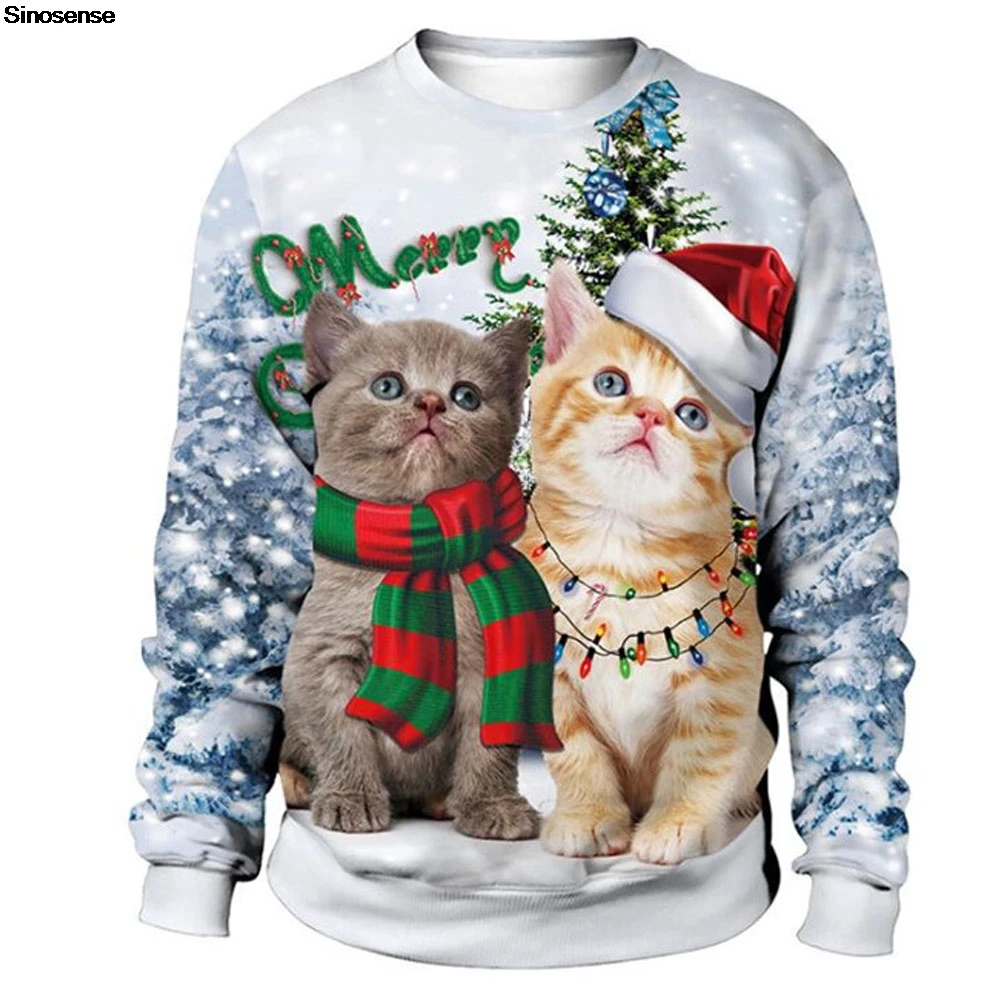 Men Women Xmas Sweatshirt 3D Christmas Cats Tree Print New Year Eve Holiday Party Jumper Tops Pullover Ugly Christmas Sweater