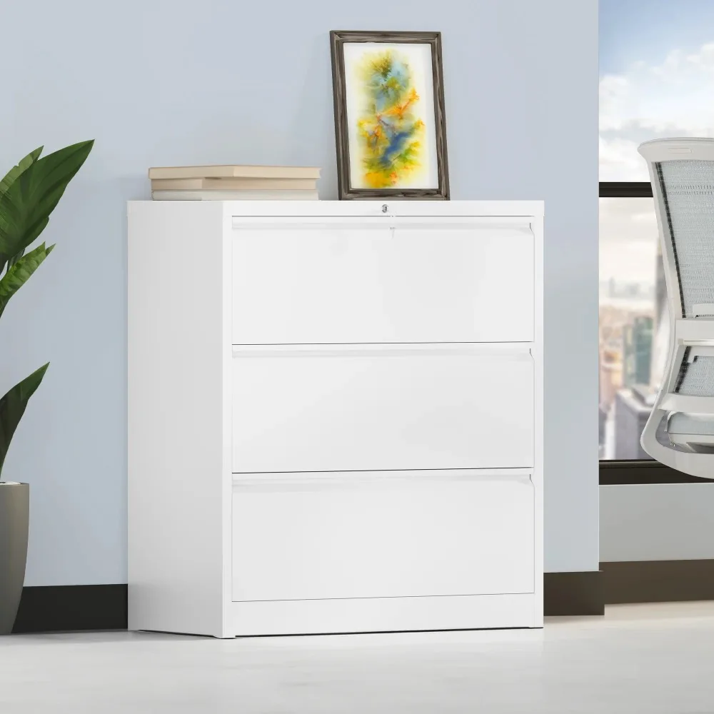 

White 3-Drawer Lateral File Cabinet with Lock, Wide Metal Stainless Steel Filing Cabinet for Legal/Letter A4 Size, Office