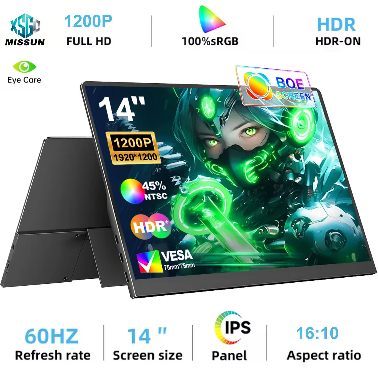 MISSUN 1920*1200 14-inch HDR Portable Monitor 60HZ For Laptop XBox PS 4 / 5 Switch TV Box Cell Phone PC Extension Mobile Phone