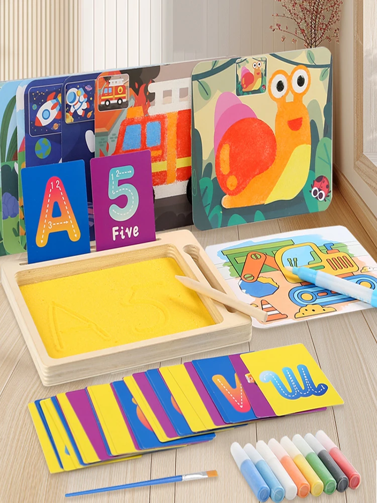 ทําด้วยมือ DIY สร้างสรรค์ภาพวาดทรายเด็กที่มีสีสันทราย Graffiti ของเล่นเพื่อการศึกษาวาดสีเกมไม้กล่อง